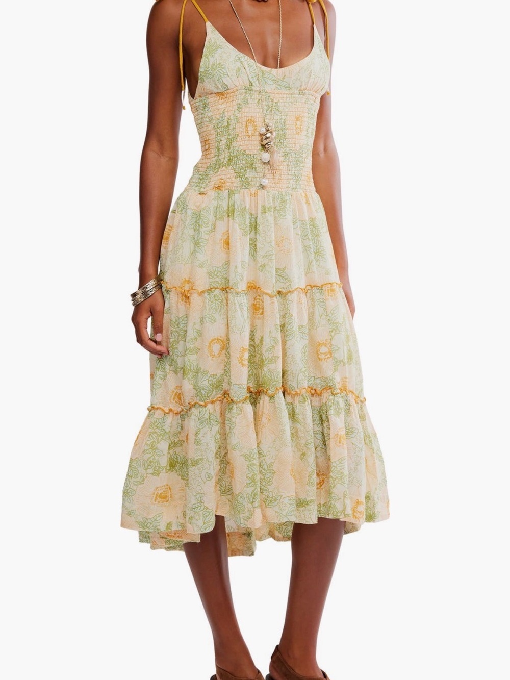Free People Adriel Tie Strap
Tiered Midi Dress Yellow and Green Size XL